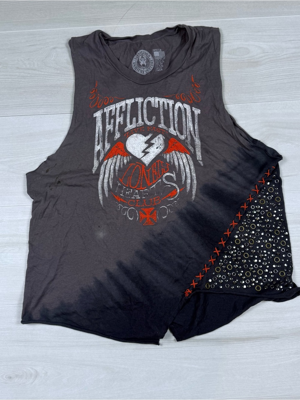 Y2K Affliction Women’s Black Graphic Muscle Tank with Stud & Lace Detail